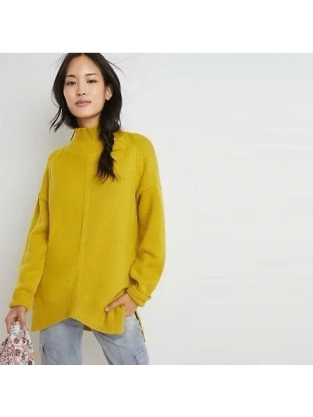 Anthropologie Maeve Crystal Tunic Mustard Cowl Neck Sweater Medium petite